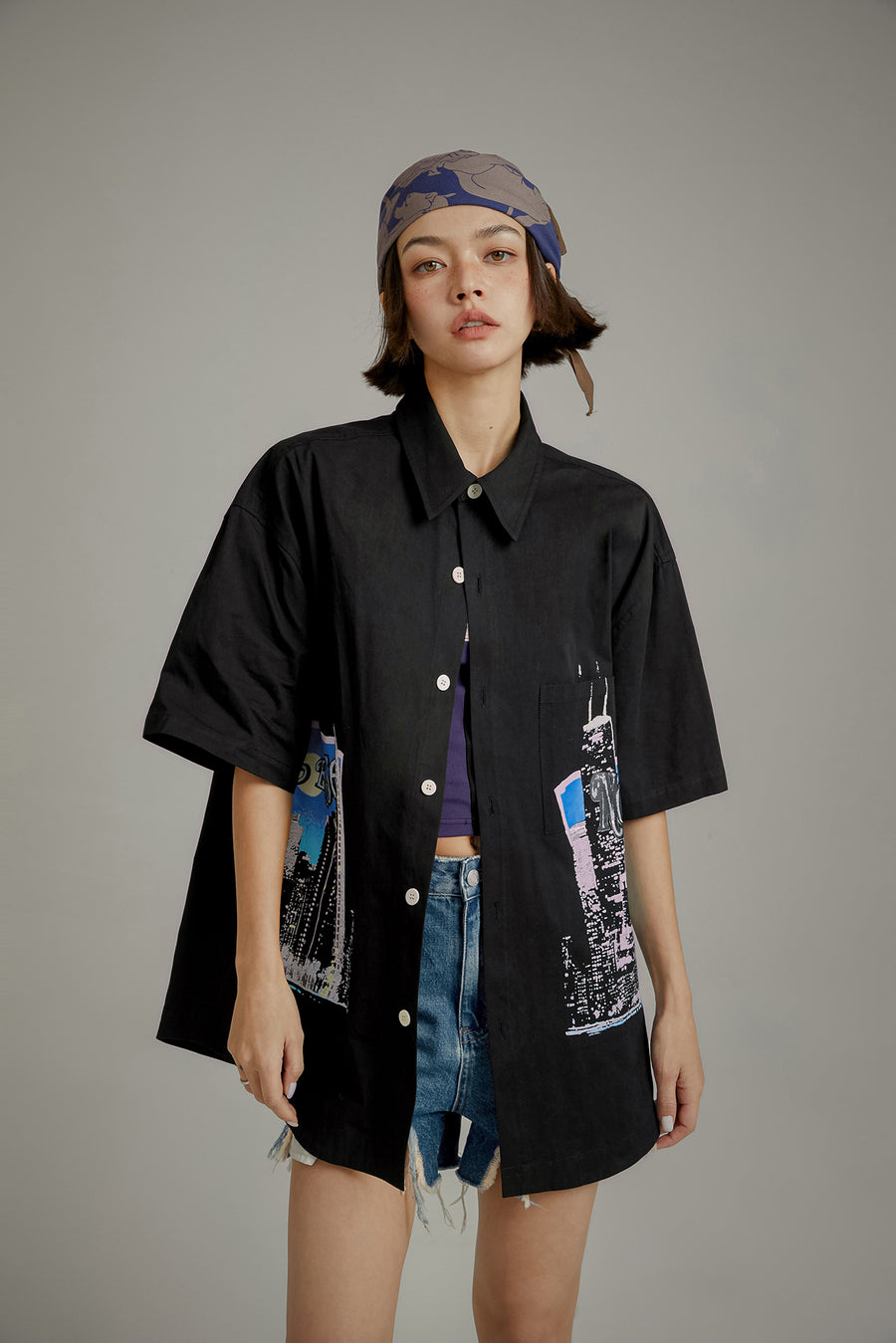 CHUU Cotton Boxy Pritned City Skyline Shirt