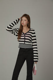 Button Stripe Color Knit Sweater