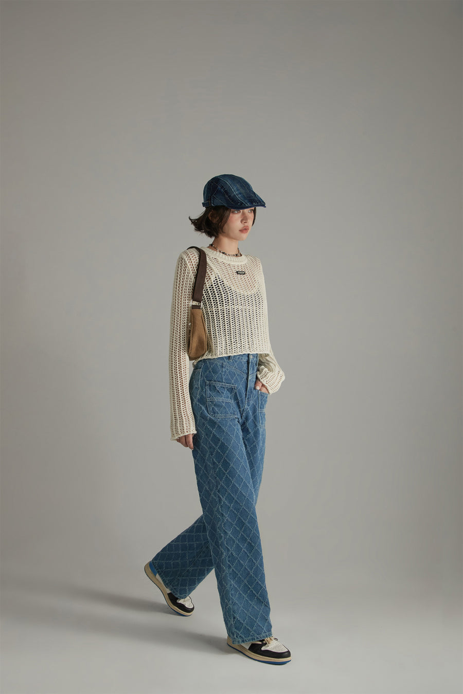 CHUU Vintage Argyle Pattern Wide Denim Jeans