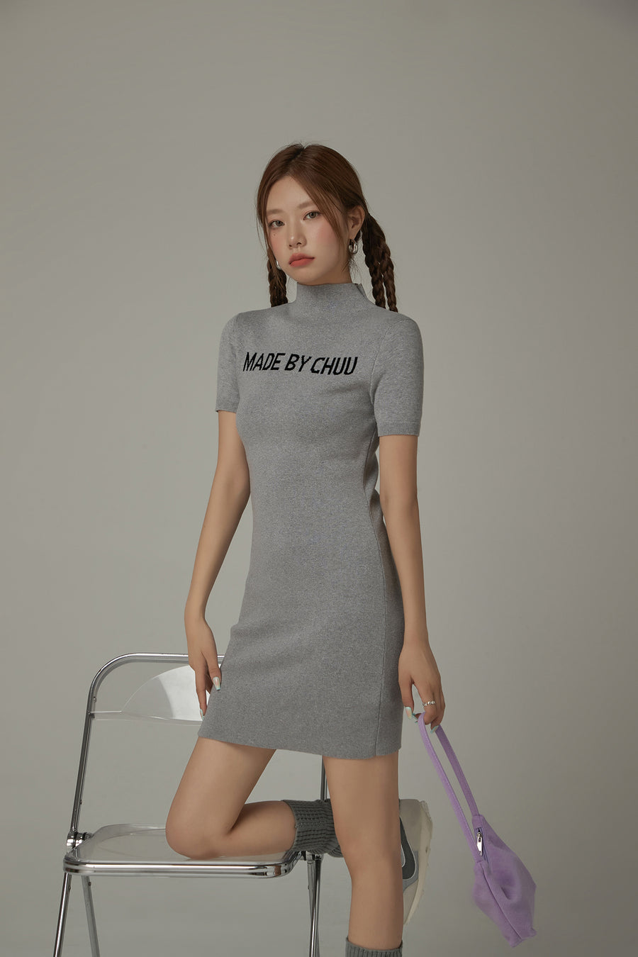 CHUU High Neck Logo Knit Mini Dress