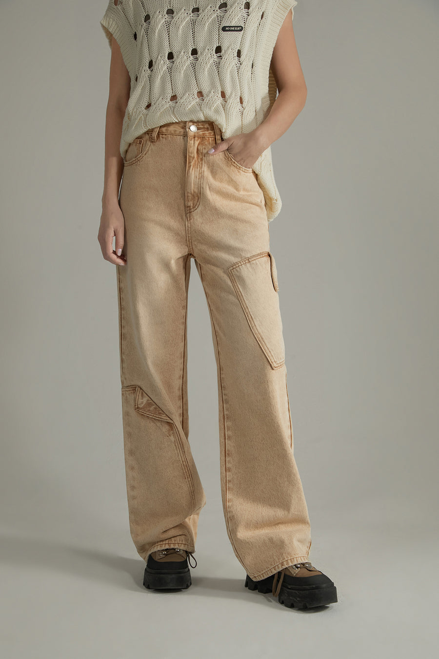 CHUU Pocket Washed Wide Jeans