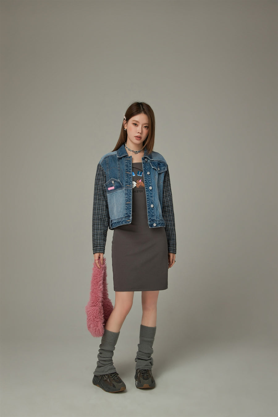 CHUU Tweed Sleeves Pocket Denim Jacket