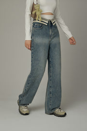 Color Matching Folded Waist Wide Denim Jeans