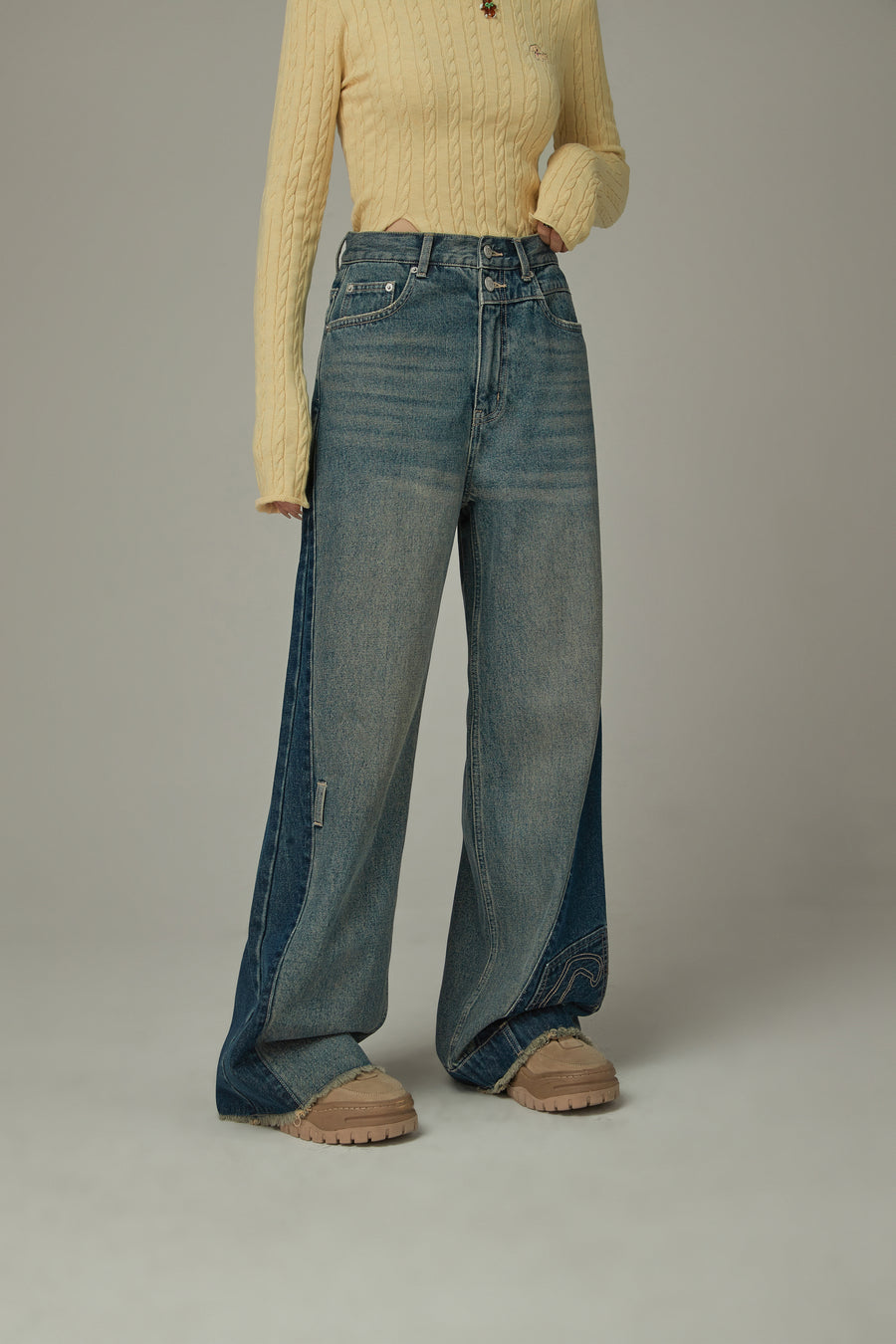 CHUU Cut Patchwork Hem Two Toned Denim Jeans