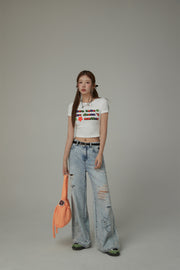 Size Doesnt Matter Colorful Embroidered Slim Crop T-Shirt