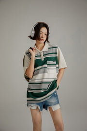 Polo Neck Striped Loose Fit T-Shirt