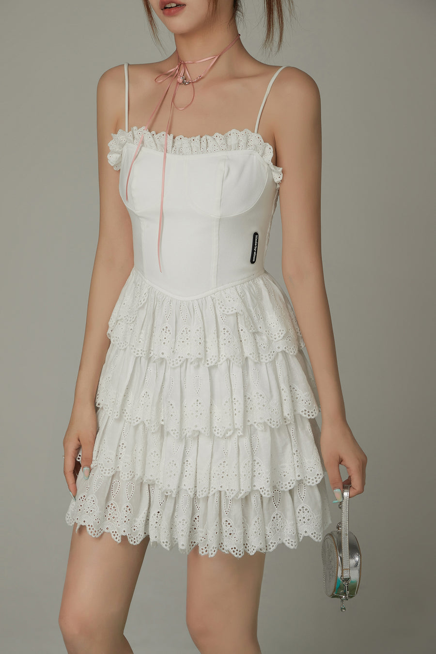 CHUU Lace Layered Ruffle Corset Strap Mini Dress