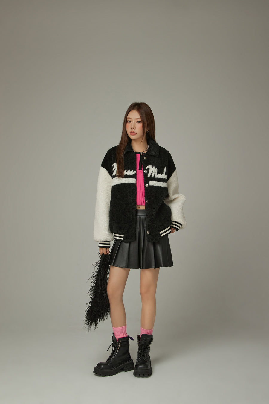 CHUU Color Combination Fleece Varsity Jacket