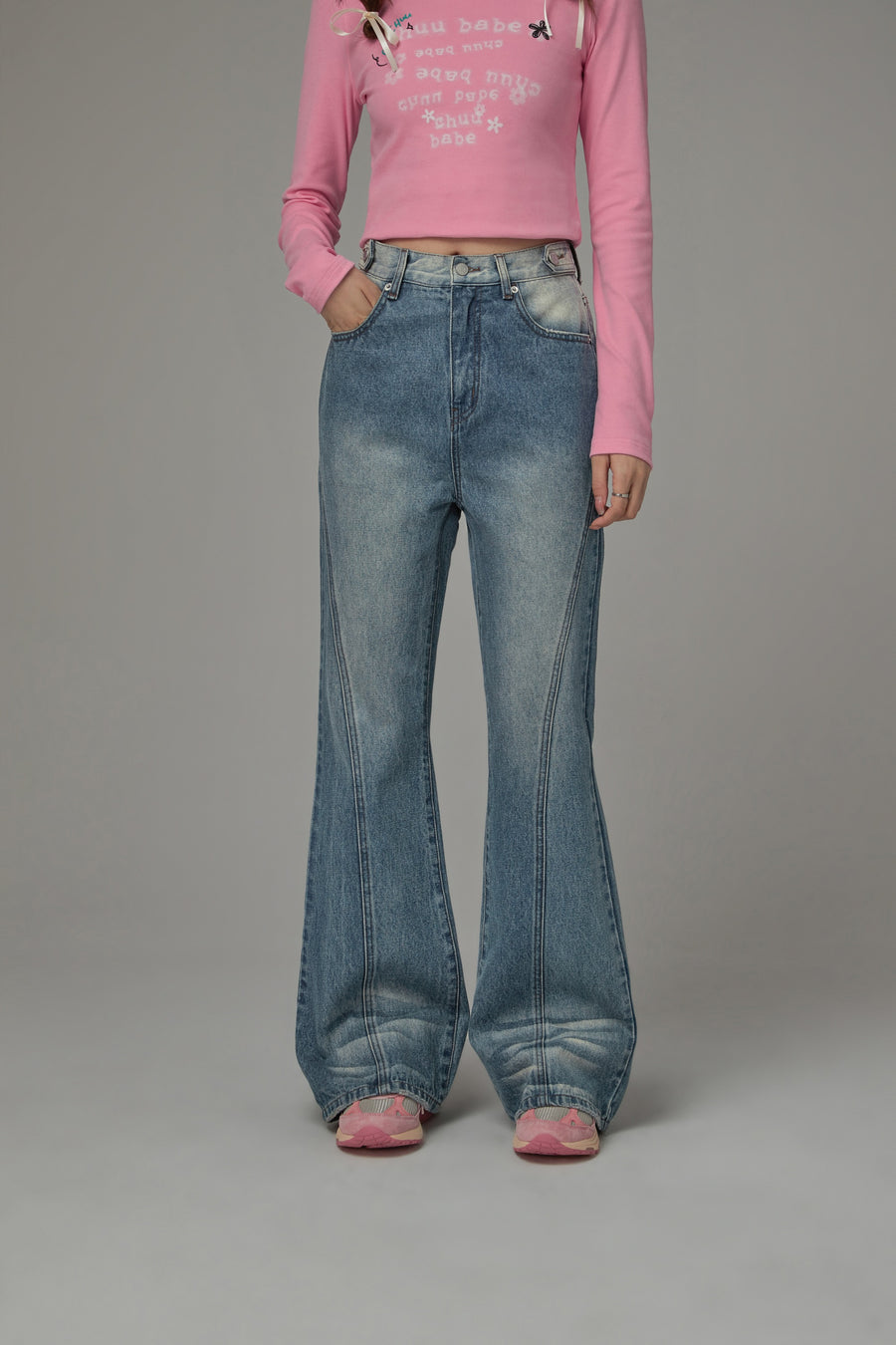 CHUU Washed Stitched Semi Bootcut Denim Pants