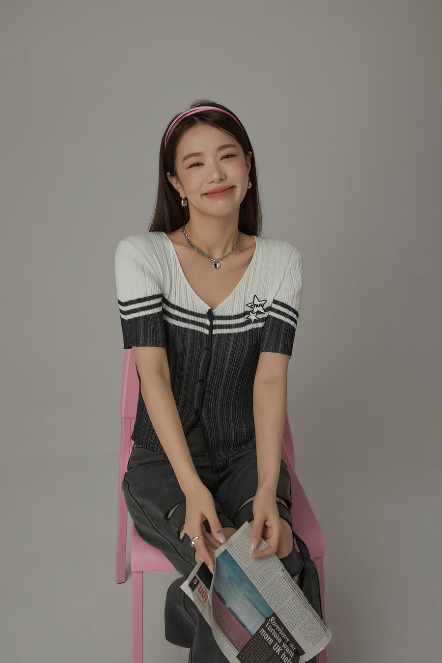 CHUU Ribbed Color Blocked Button Short Sleeve Cardigan