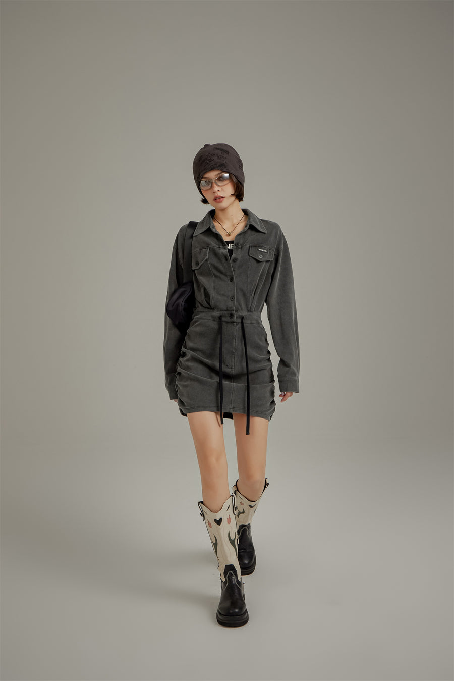 CHUU String Shirring Shirt Mini Dress