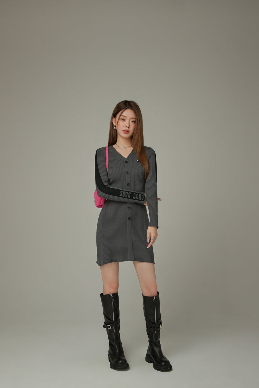 CHUU Ribbed Knit Button Dress