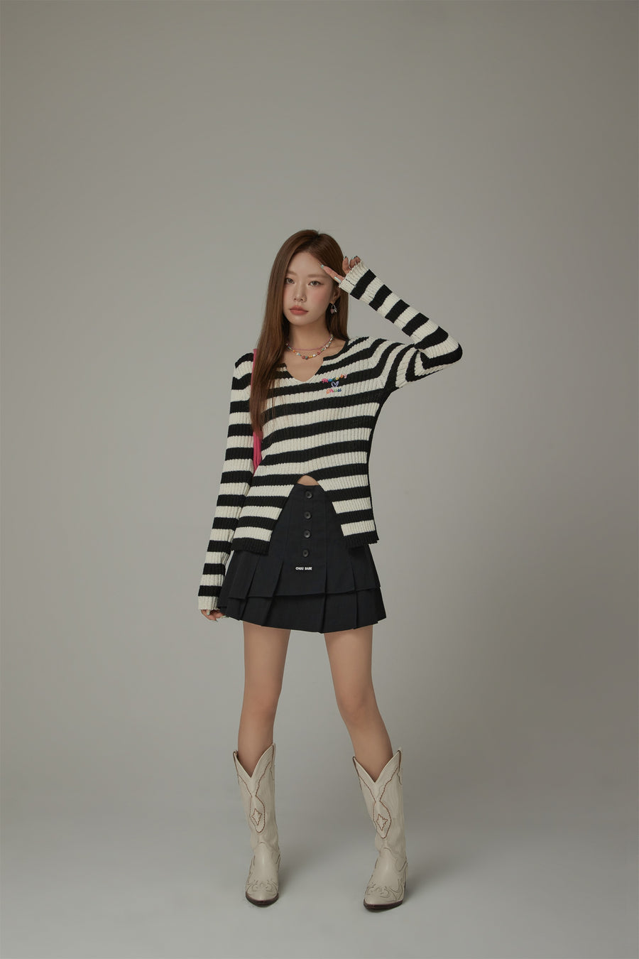 CHUU Slit Color Lettering Stripe Knit Sweater