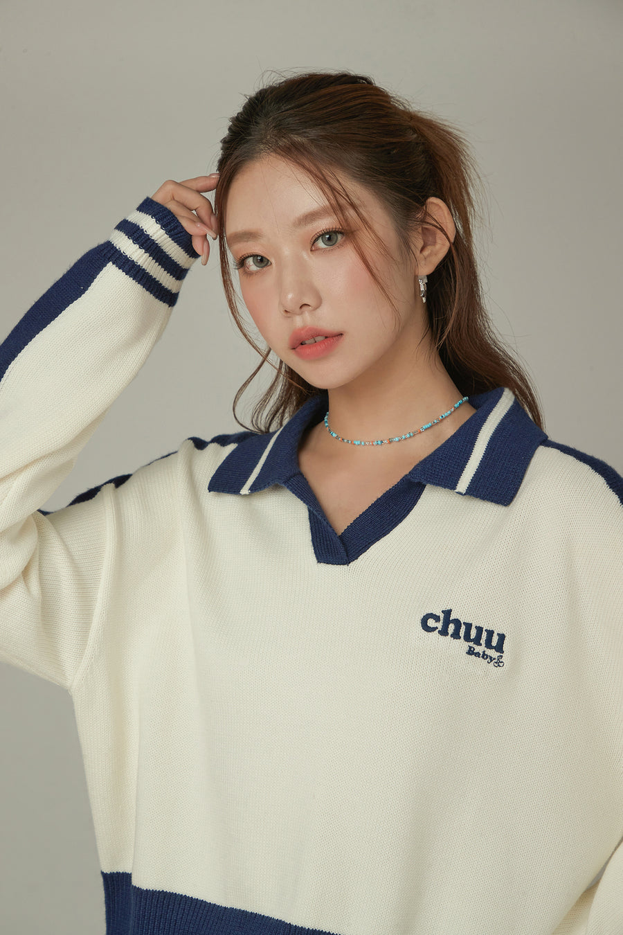 CHUU Open Collar Color Knit Sweater