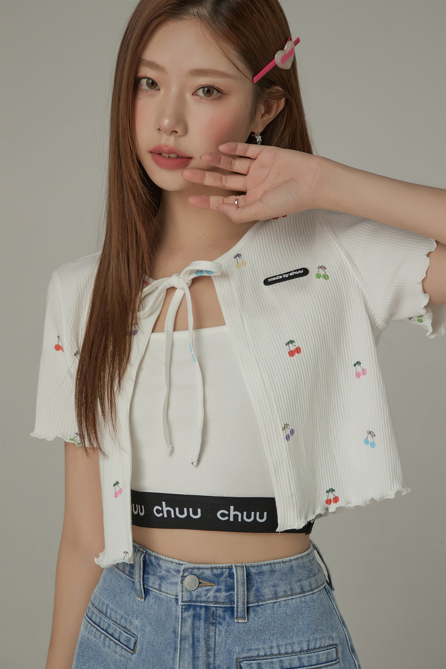 CHUU Cherry Ribbon Tie Short Sleeve Cardigan