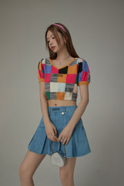 Color Check Pattern Cropped Knit Top