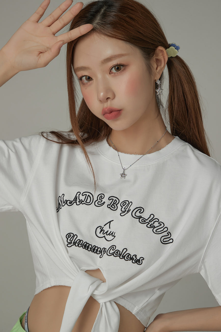 CHUU Gradient Short Sleeve Ribbon Tie Up Crop T-Shirt