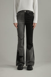 Two Toned Raw Stitched Design Bootcut Denim Jeans