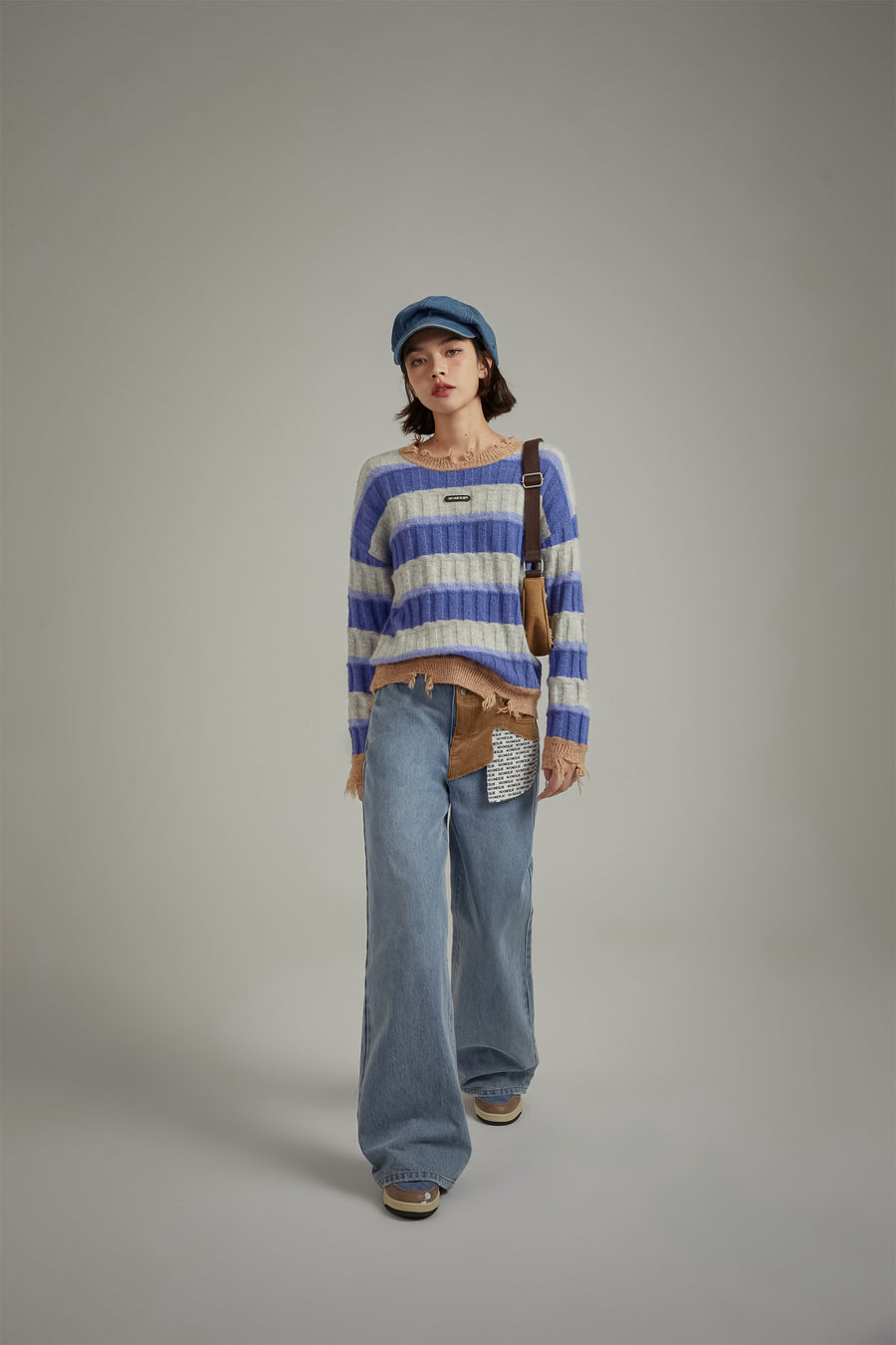 CHUU Distressed Striped Loose Knit Sweater