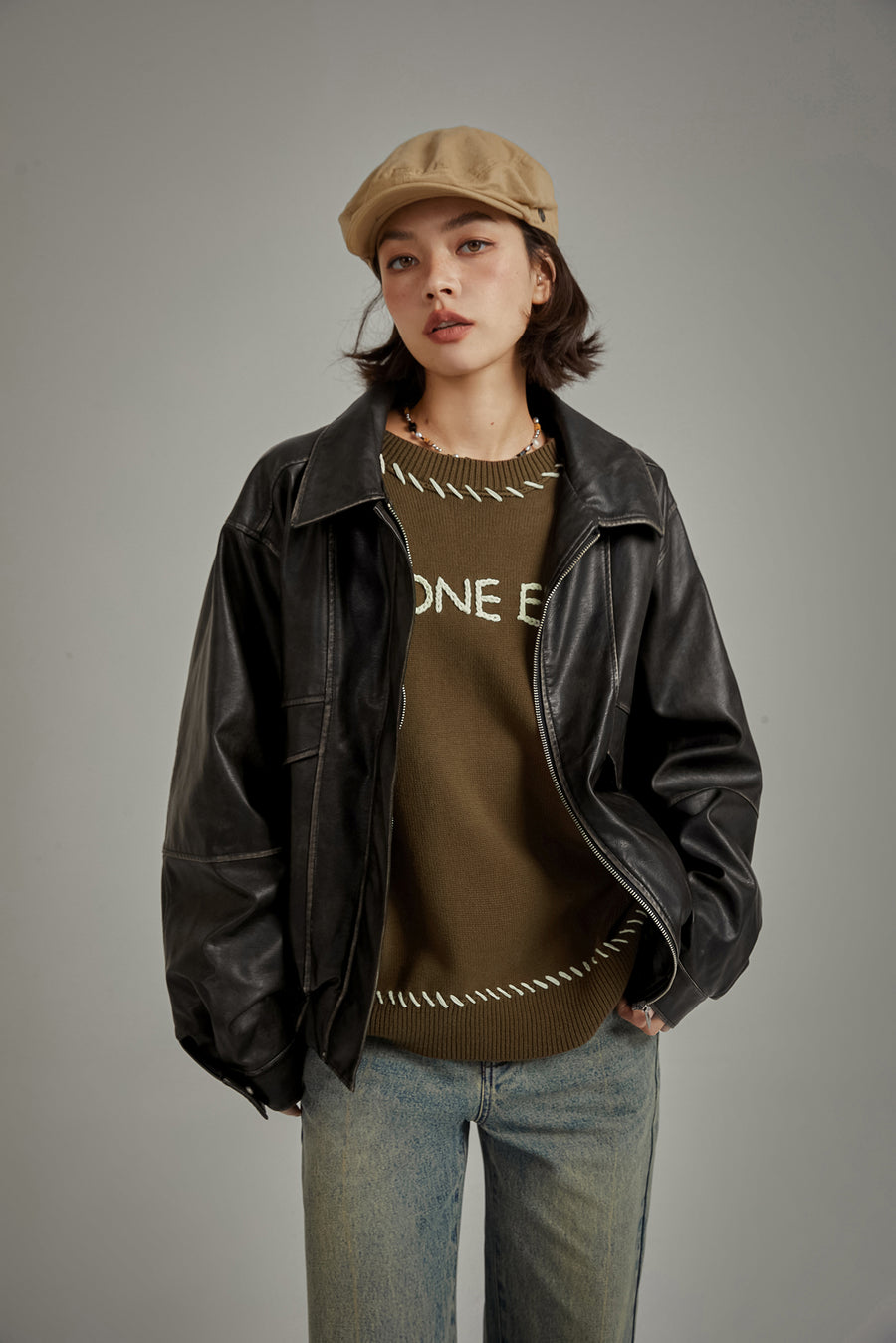 CHUU Leather Back Logo Jacket