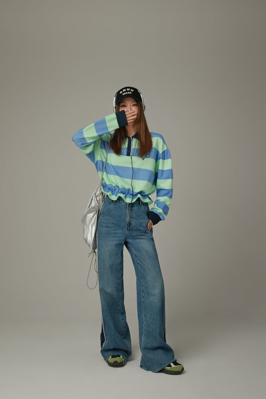 CHUU Polo Neck Stripe Sweatshirt