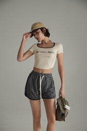 Letter Fully Printed Casual Drawstring Shorts