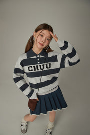 Polo Neck Striped Knit Top