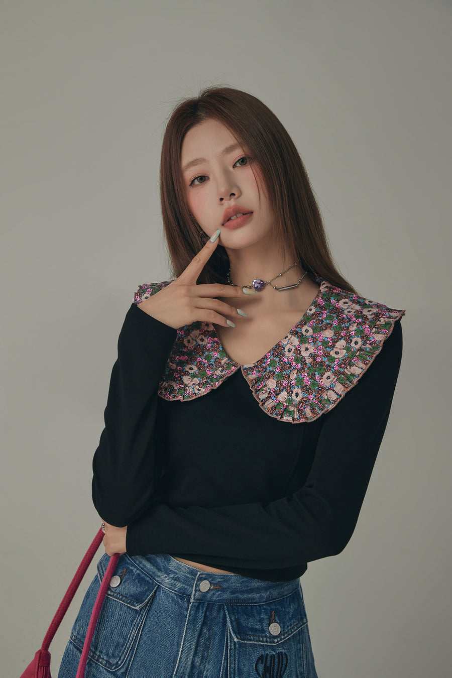 CHUU Flower Floral Collar Long Sleeved T-Shirt