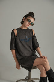 Vintage Open Shoulders Mini Loose Fit T-Shirt Dress