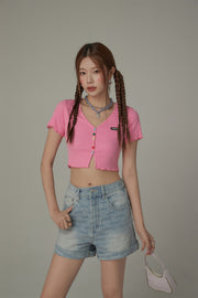 Rainbow Button Raw Hem Cropped T-Shirt