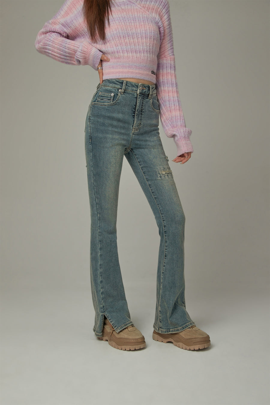 CHUU Washed Ripped Bootcut Denim Jeans