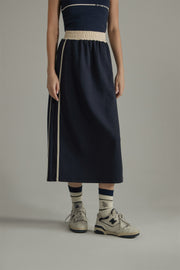 Elastic Waist Contrast Color Slit Mid Length Sporty Skirt