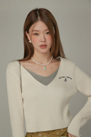 Color V-Neck Layered Knit Sweater