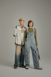 Knee Damaged Denim Overalls