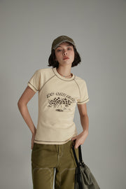 Noe Retro Sporty Stitched Printed T-Shirt