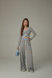 Slit Color Wide Sporty Casual Pants