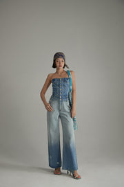 Tube Top Multi Buttons Denim Jumpsuit