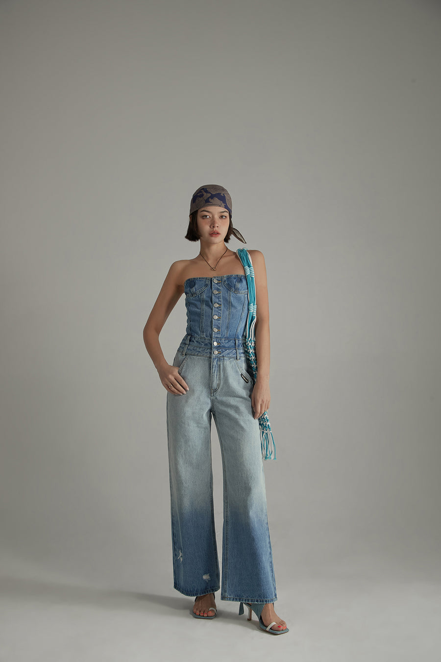 CHUU Tube Top Multi Buttons Denim Jumpsuit