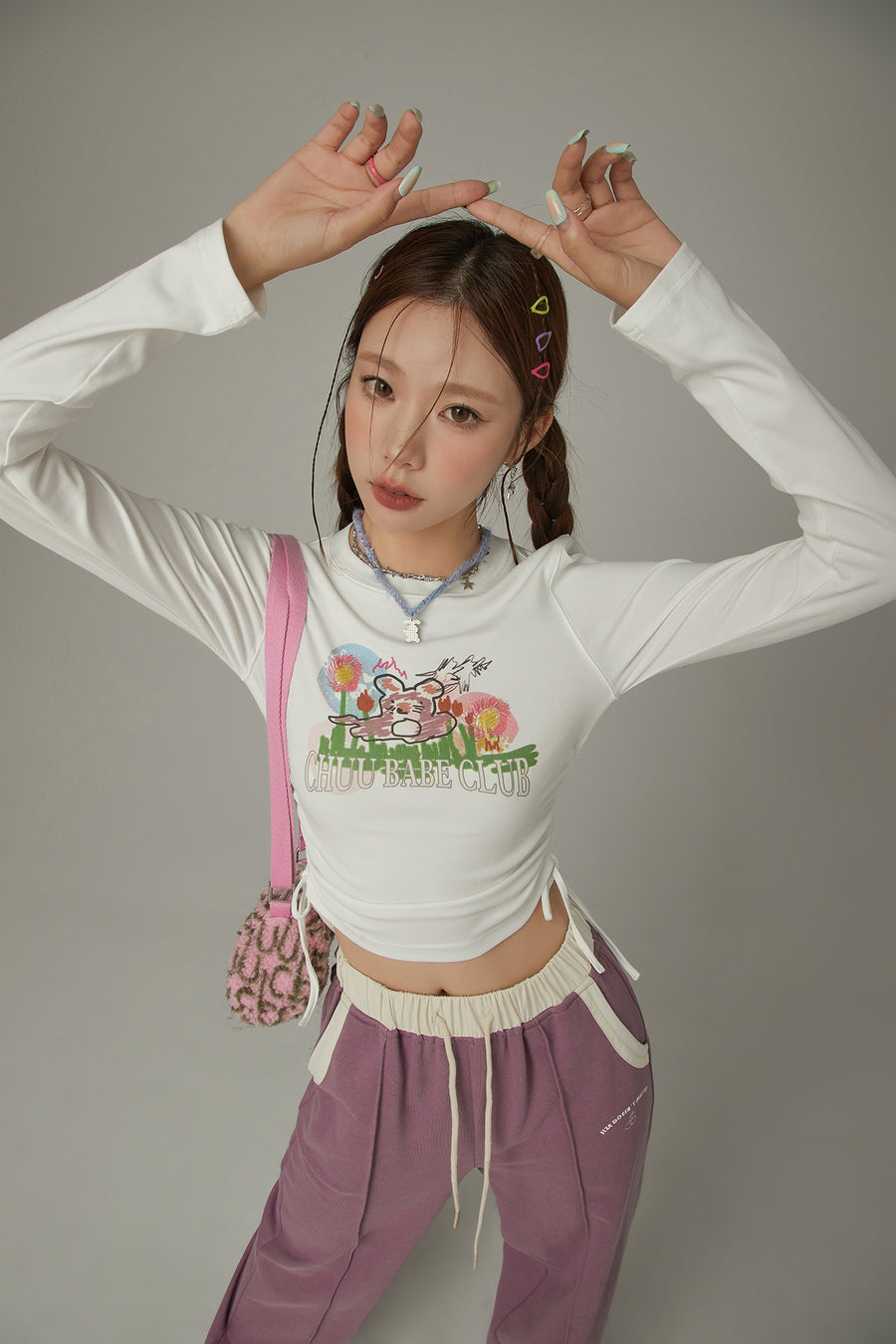 CHUU Logo Character Shirring String T-Shirt