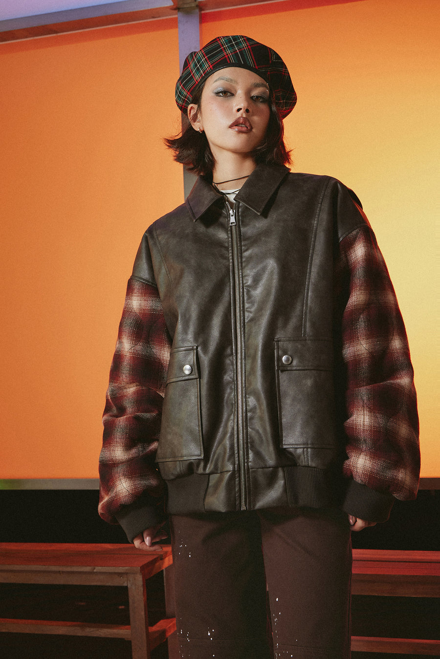 CHUU Check Color Combination Leather Jacket