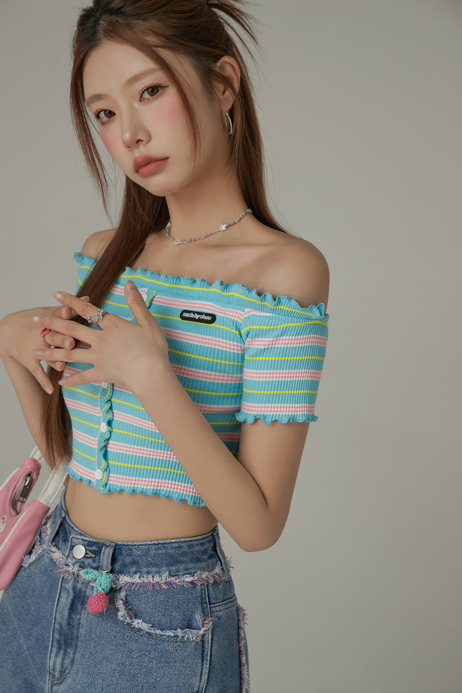 CHUU Ruffled Off The Slim Fit Crop Shoulder T-Shirt