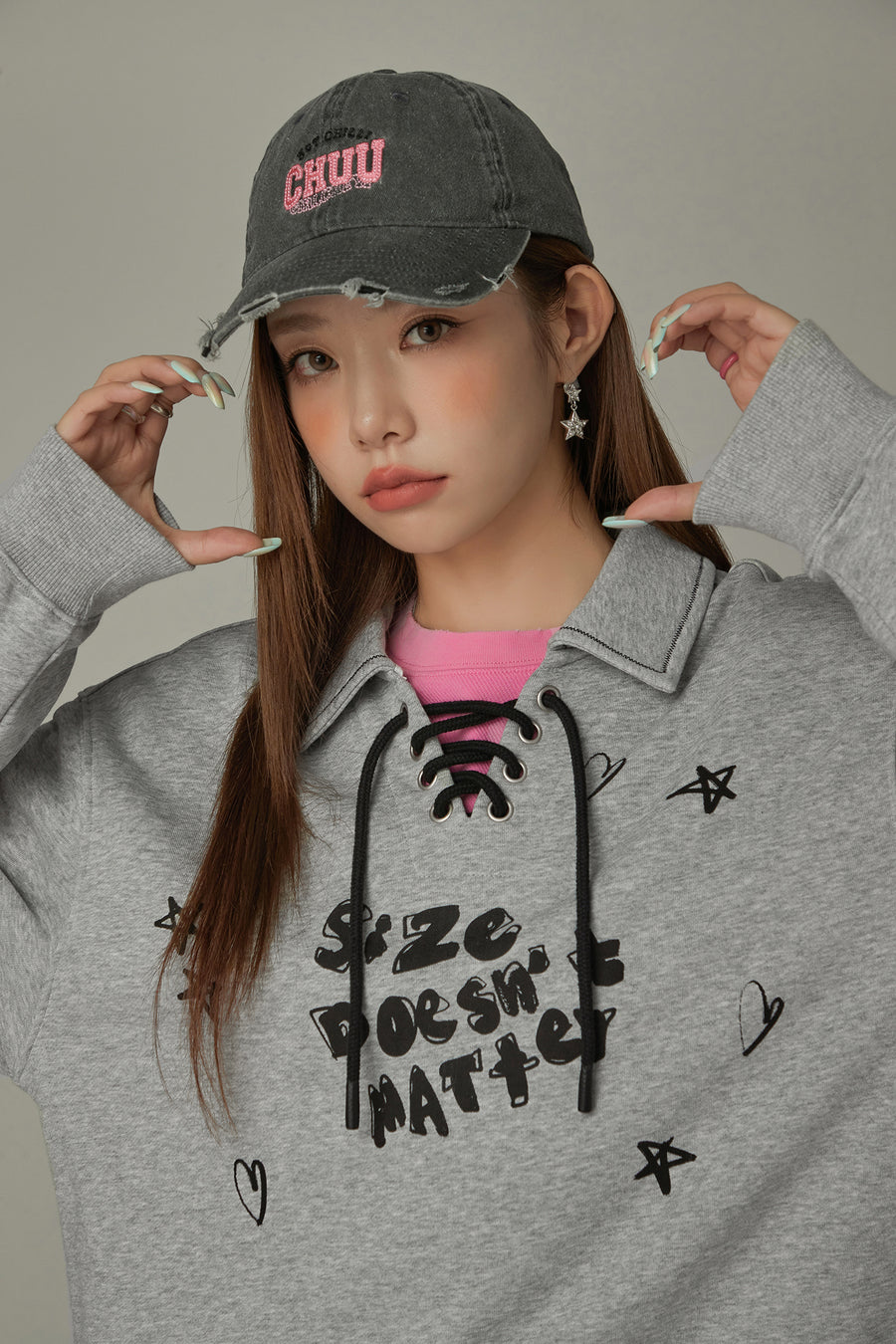 CHUU Size Doesnt Matter Lace Up Sweatshirt