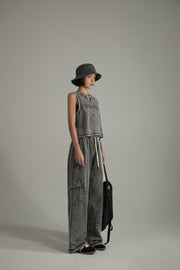 Elastic Waist Casual Diagonal Pocket Wide Leg Pants