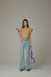 Side Garter Check Buttoned Yellow Blouse