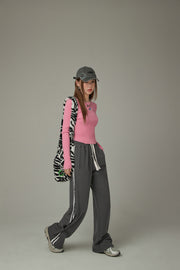 Elastic Waist Wide Sporty Pants