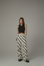 Diagonal Striped Leg Slits Training Wide Pants