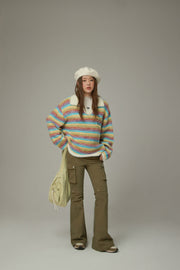 Collar Rainbow Stripe Knit Sweater