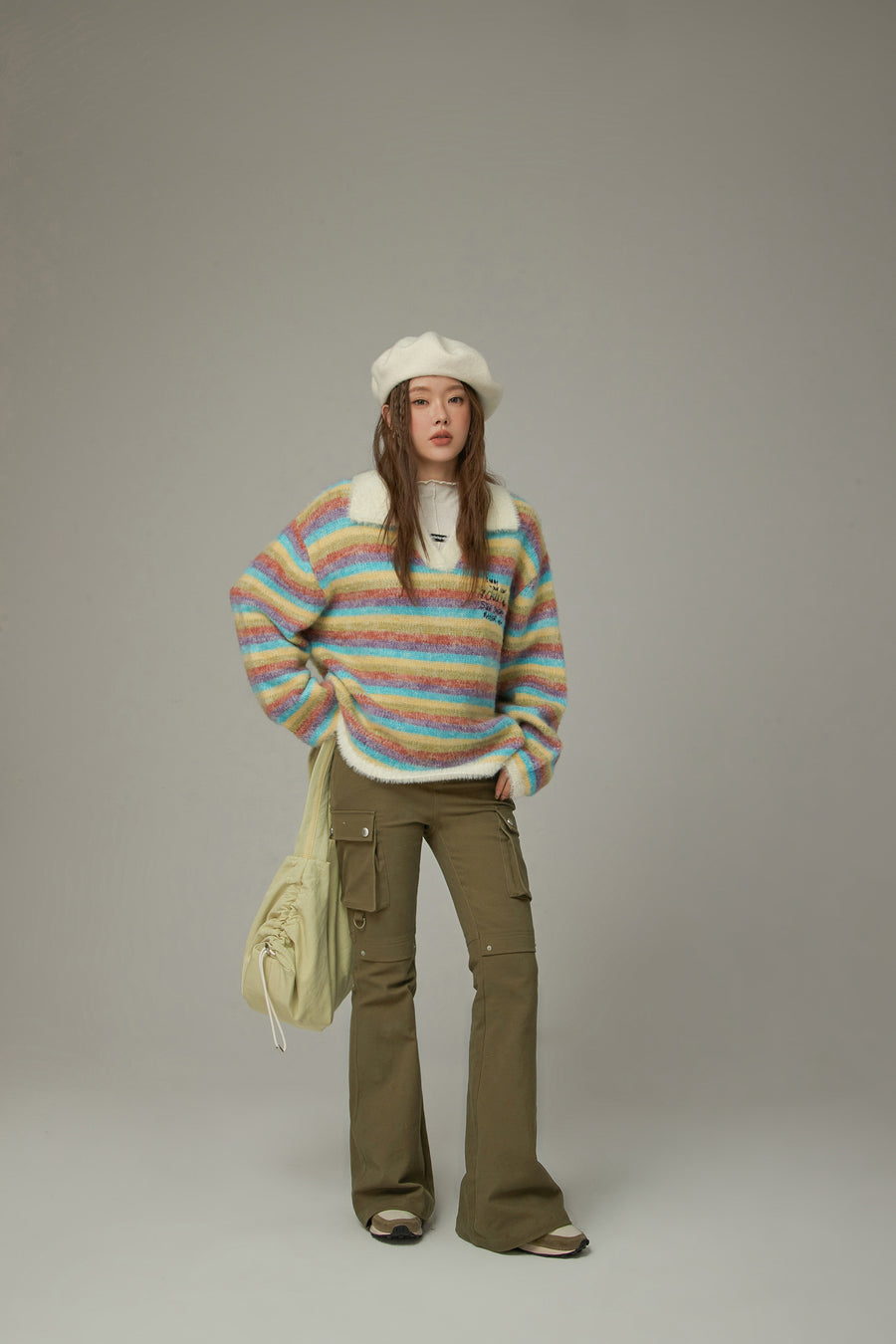 CHUU Collar Rainbow Stripe Knit Sweater