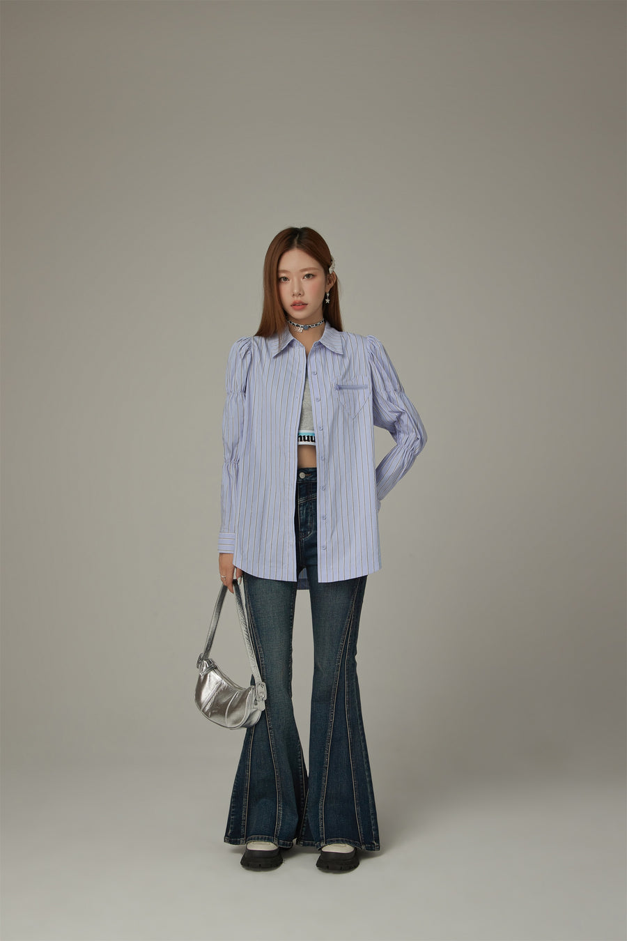 CHUU Heart Pocket Stripe Shirt