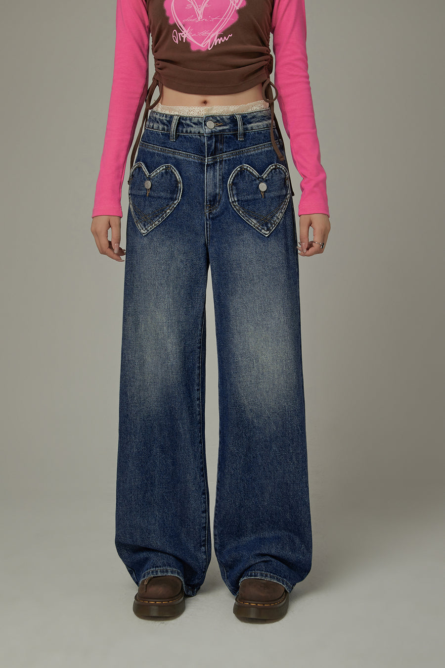 CHUU Heart Pocket Lace Denim Jeans